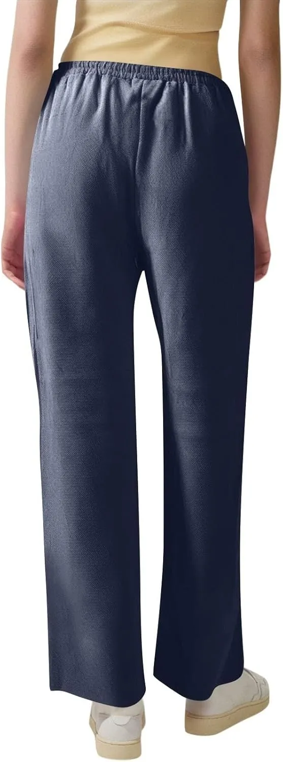 Womens Casual Linen High Waist Pants Drawstring Loose Fit 2025 Summer Beach Pants Trousers
