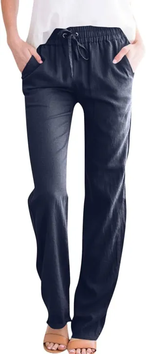 Womens Casual Linen High Waist Pants Drawstring Loose Fit 2025 Summer Beach Pants Trousers