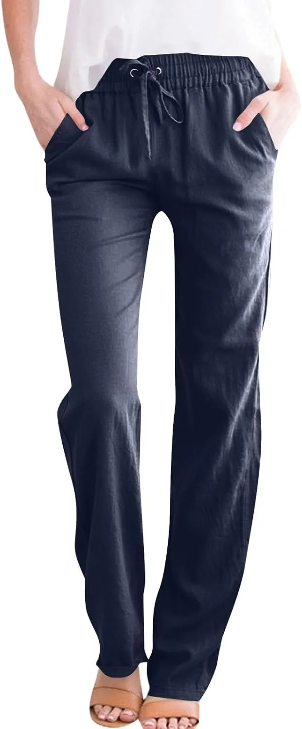 Womens Casual Linen High Waist Pants Drawstring Loose Fit 2025 Summer Beach Pants Trousers