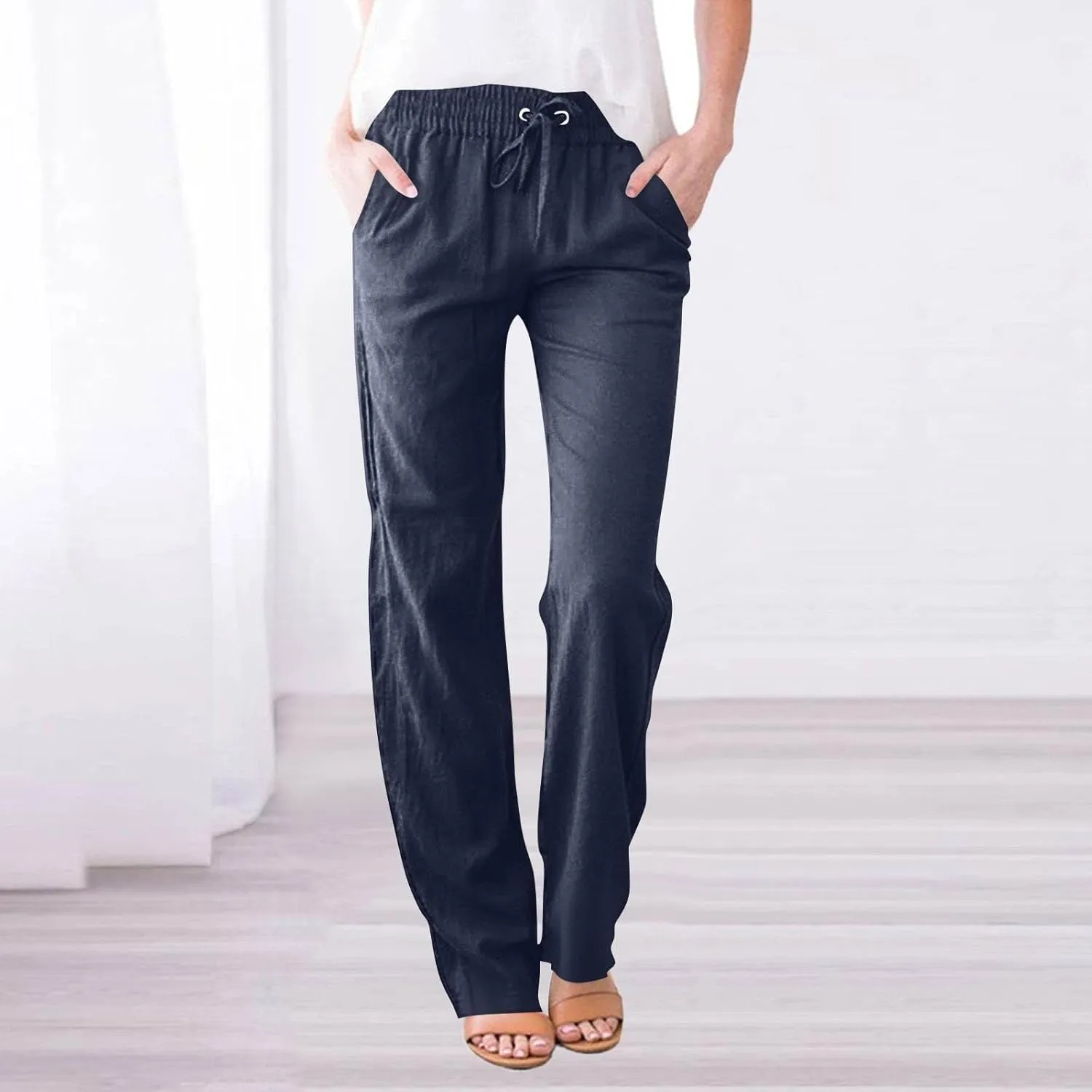Womens Casual Linen High Waist Pants Drawstring Loose Fit 2025 Summer Beach Pants Trousers