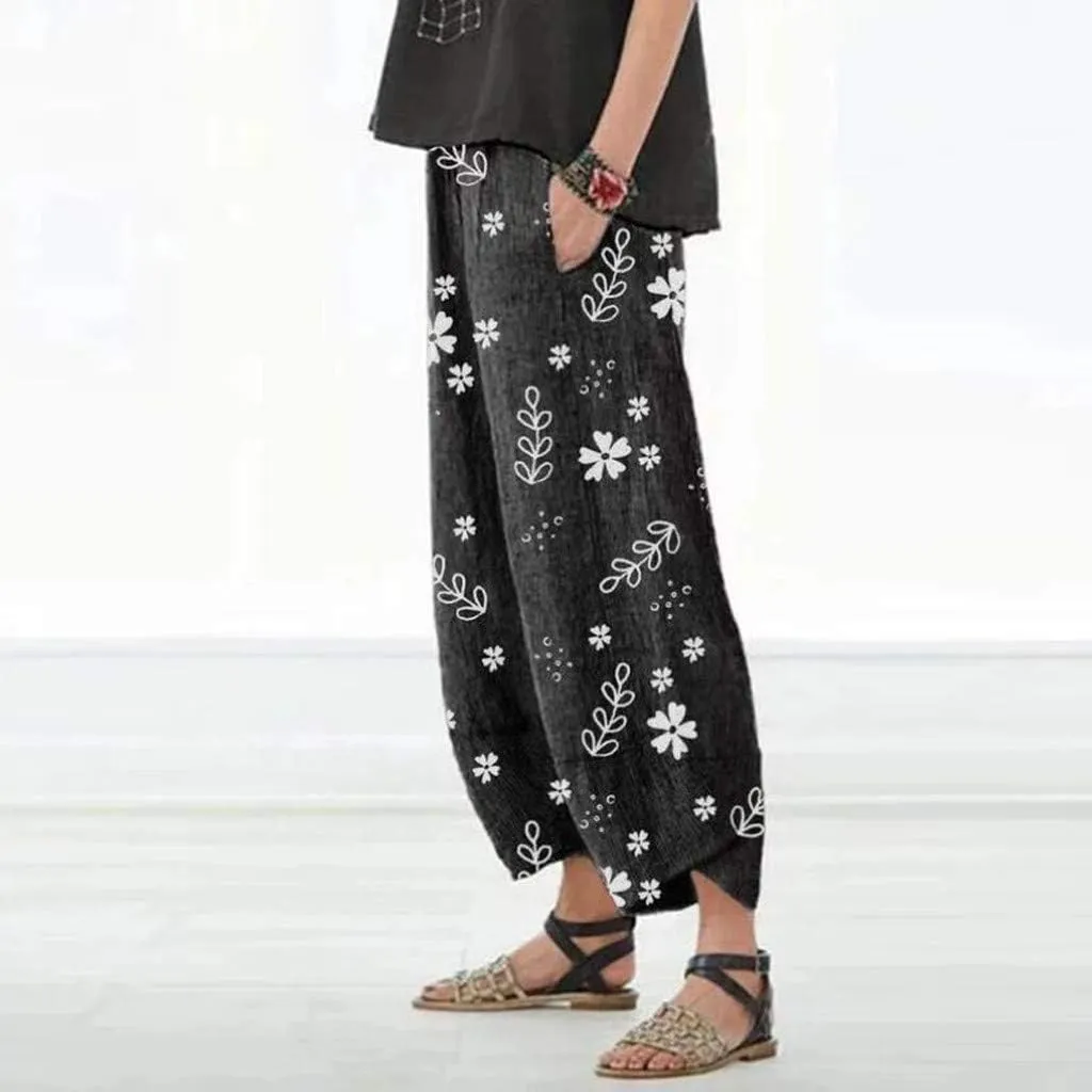 Womens Casual Linen Pants Loose Fit Summer Cotton Pocket Cropped Pants High Waisted Smocked Lounge Trousers Palazzo