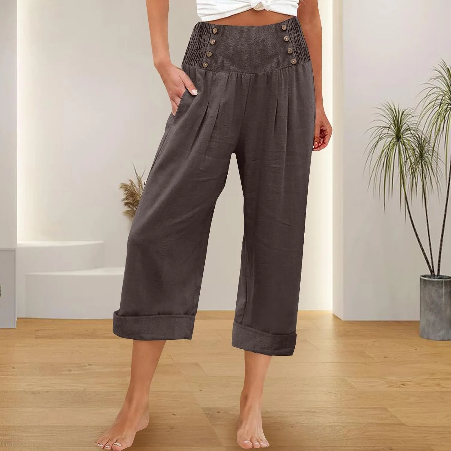 Womens Casual Pants Summer Cotton Linen Wide Leg Elastic Smocked Waist Cropped Trousers Summer Beach Vacation Pants