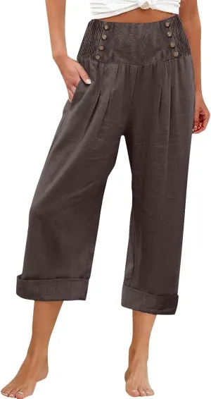 Womens Casual Pants Summer Cotton Linen Wide Leg Elastic Smocked Waist Cropped Trousers Summer Beach Vacation Pants