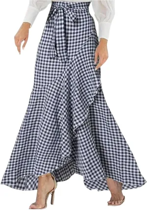 Women's Casual Plaid Mermaid Maxi Skirt A Line Irregular Ruffle Hem Fishtail Skirt Tie High Waist Long Skirt