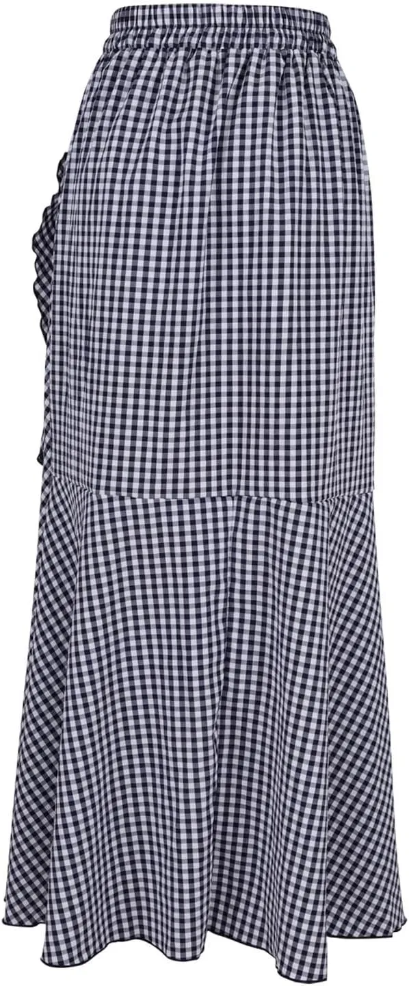 Women's Casual Plaid Mermaid Maxi Skirt A Line Irregular Ruffle Hem Fishtail Skirt Tie High Waist Long Skirt