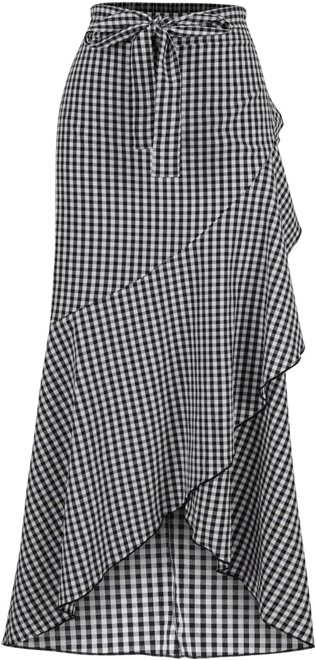 Women's Casual Plaid Mermaid Maxi Skirt A Line Irregular Ruffle Hem Fishtail Skirt Tie High Waist Long Skirt