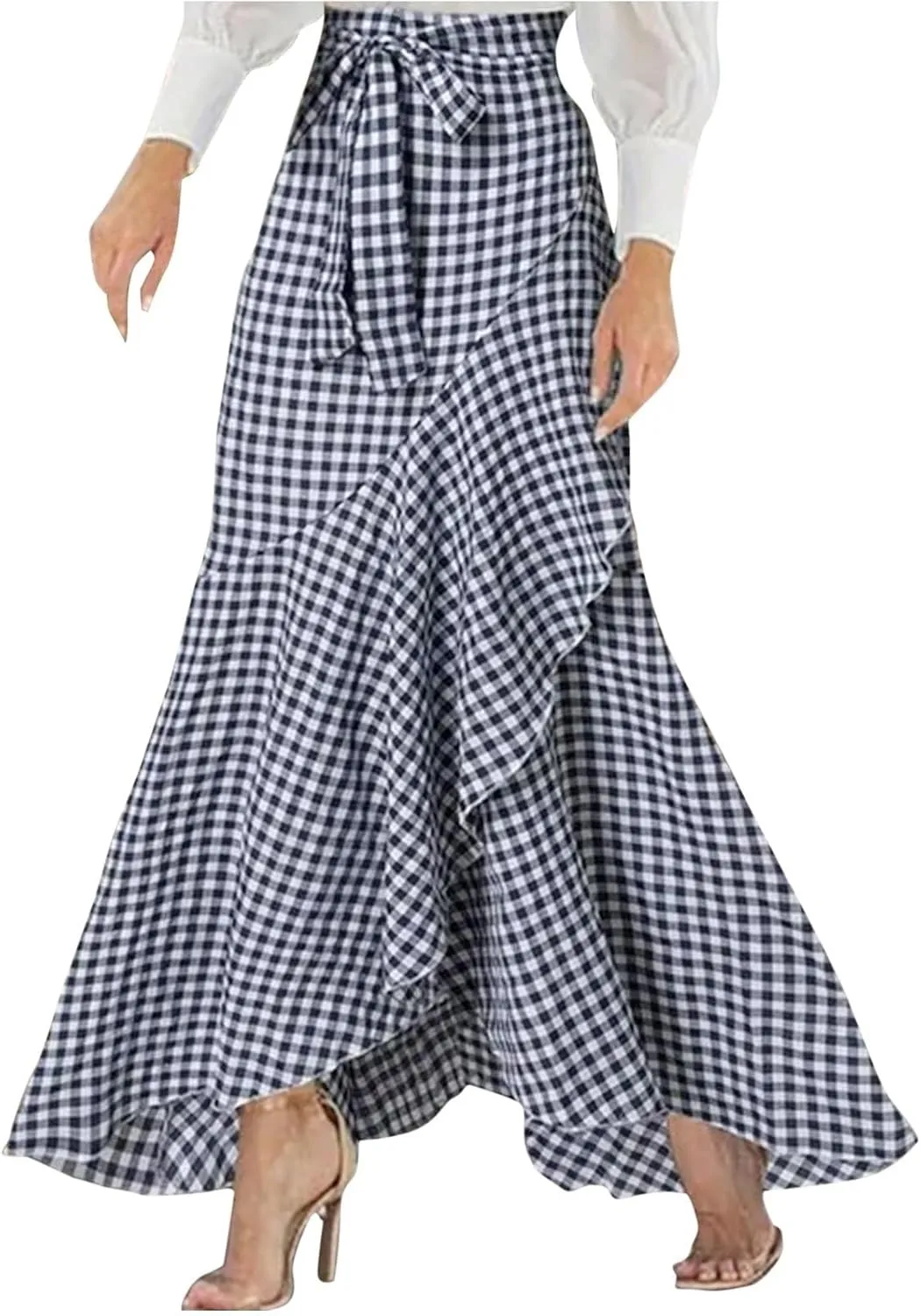 Women's Casual Plaid Mermaid Maxi Skirt A Line Irregular Ruffle Hem Fishtail Skirt Tie High Waist Long Skirt
