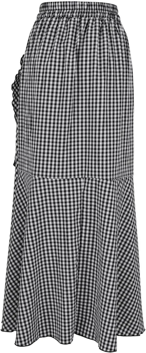 Women's Casual Plaid Mermaid Maxi Skirt A Line Irregular Ruffle Hem Fishtail Skirt Tie High Waist Long Skirt
