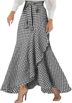 Women's Casual Plaid Mermaid Maxi Skirt A Line Irregular Ruffle Hem Fishtail Skirt Tie High Waist Long Skirt