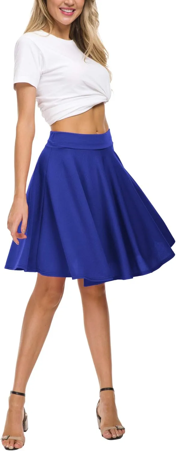 Women's Casual Stretchy Flared Mini Skater Skirt Basic A-Line Pleated Midi Skirt