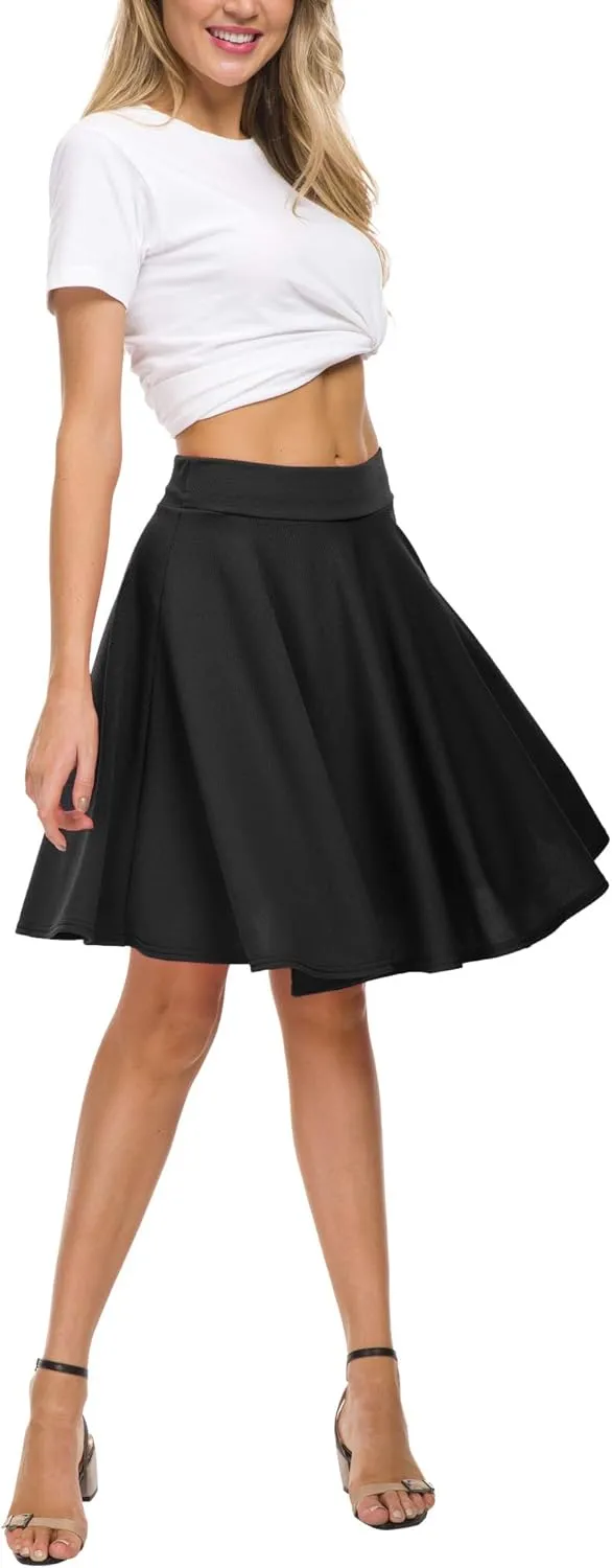 Women's Casual Stretchy Flared Mini Skater Skirt Basic A-Line Pleated Midi Skirt