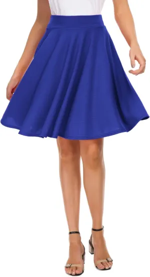 Women's Casual Stretchy Flared Mini Skater Skirt Basic A-Line Pleated Midi Skirt