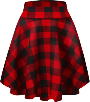 Women's Casual Stretchy Flared Mini Skater Skirt Basic A-Line Pleated Midi Skirt