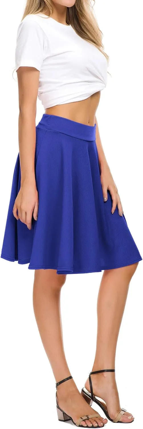 Women's Casual Stretchy Flared Mini Skater Skirt Basic A-Line Pleated Midi Skirt
