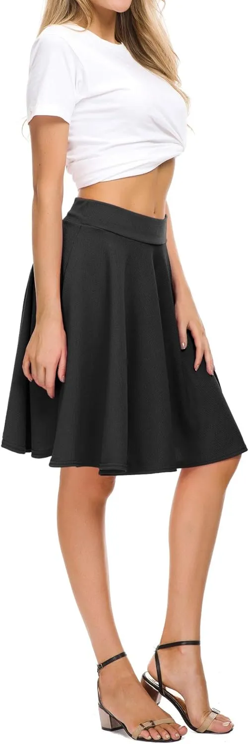 Women's Casual Stretchy Flared Mini Skater Skirt Basic A-Line Pleated Midi Skirt