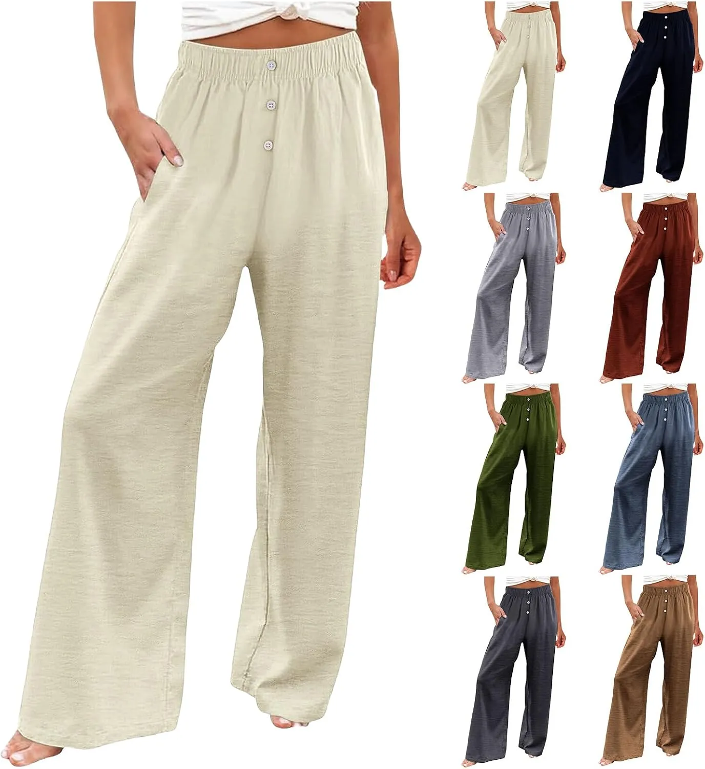Women's Casual Wide Leg Pants Summer High Waisted Cotton Linen Palazzo Pants Boho Flowy Lounge Trousers
