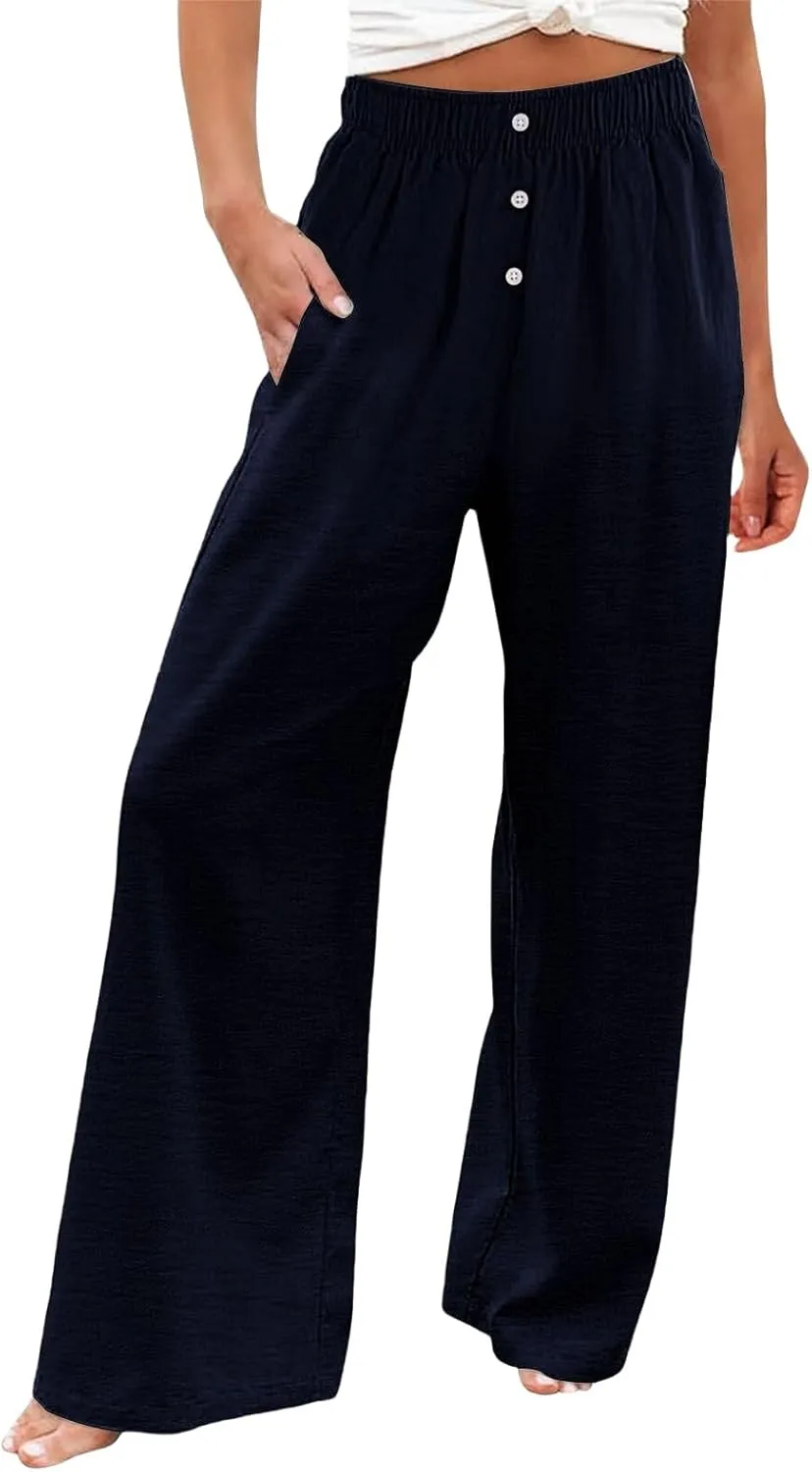 Women's Casual Wide Leg Pants Summer High Waisted Cotton Linen Palazzo Pants Boho Flowy Lounge Trousers