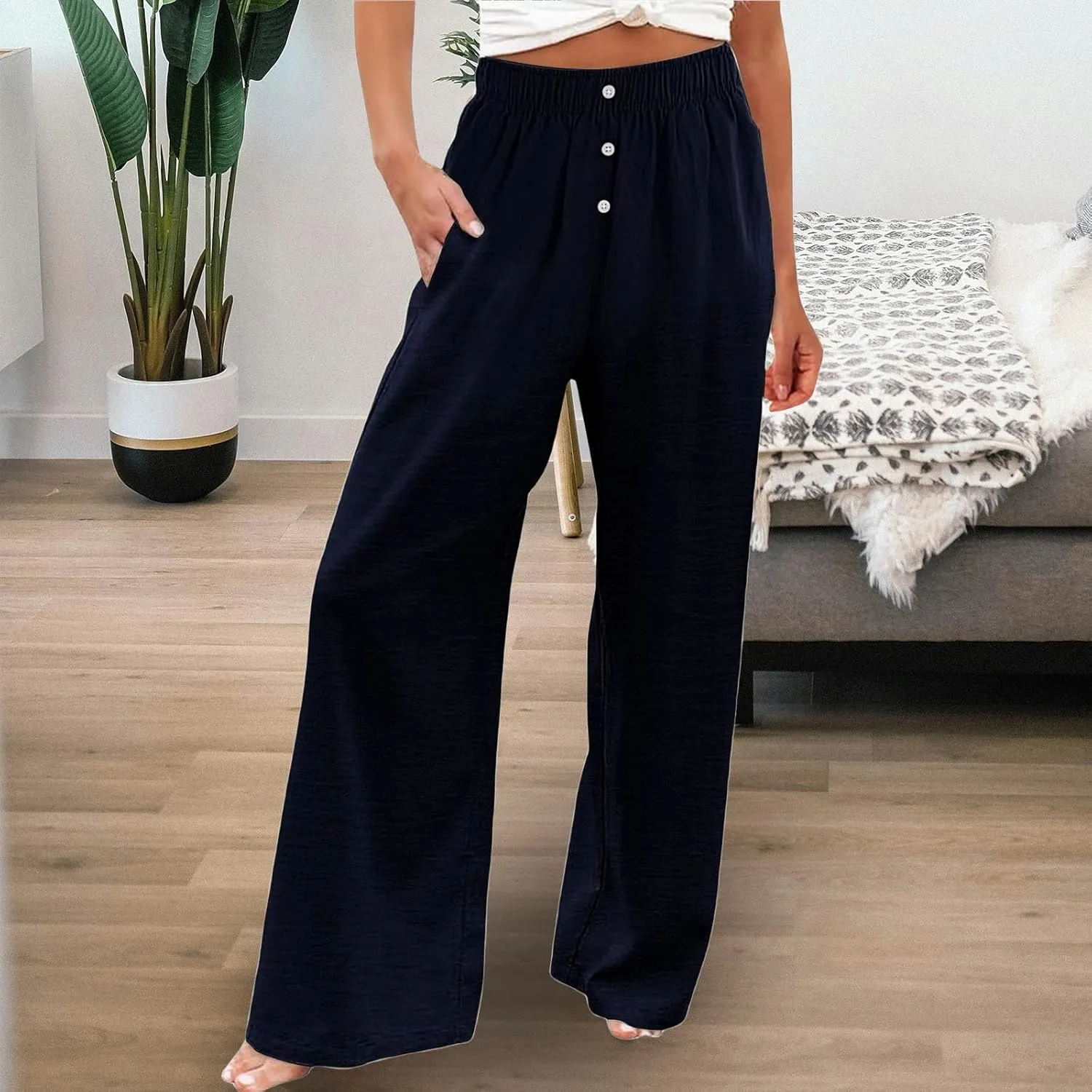 Women's Casual Wide Leg Pants Summer High Waisted Cotton Linen Palazzo Pants Boho Flowy Lounge Trousers