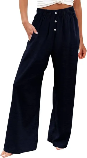 Women's Casual Wide Leg Pants Summer High Waisted Cotton Linen Palazzo Pants Boho Flowy Lounge Trousers