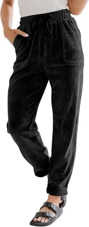 Womens Corduroy Pants Elastic High Waist Straight Leg Pants Casual Comfy Lightweight Cotton Baggy Trousers w/Pockets