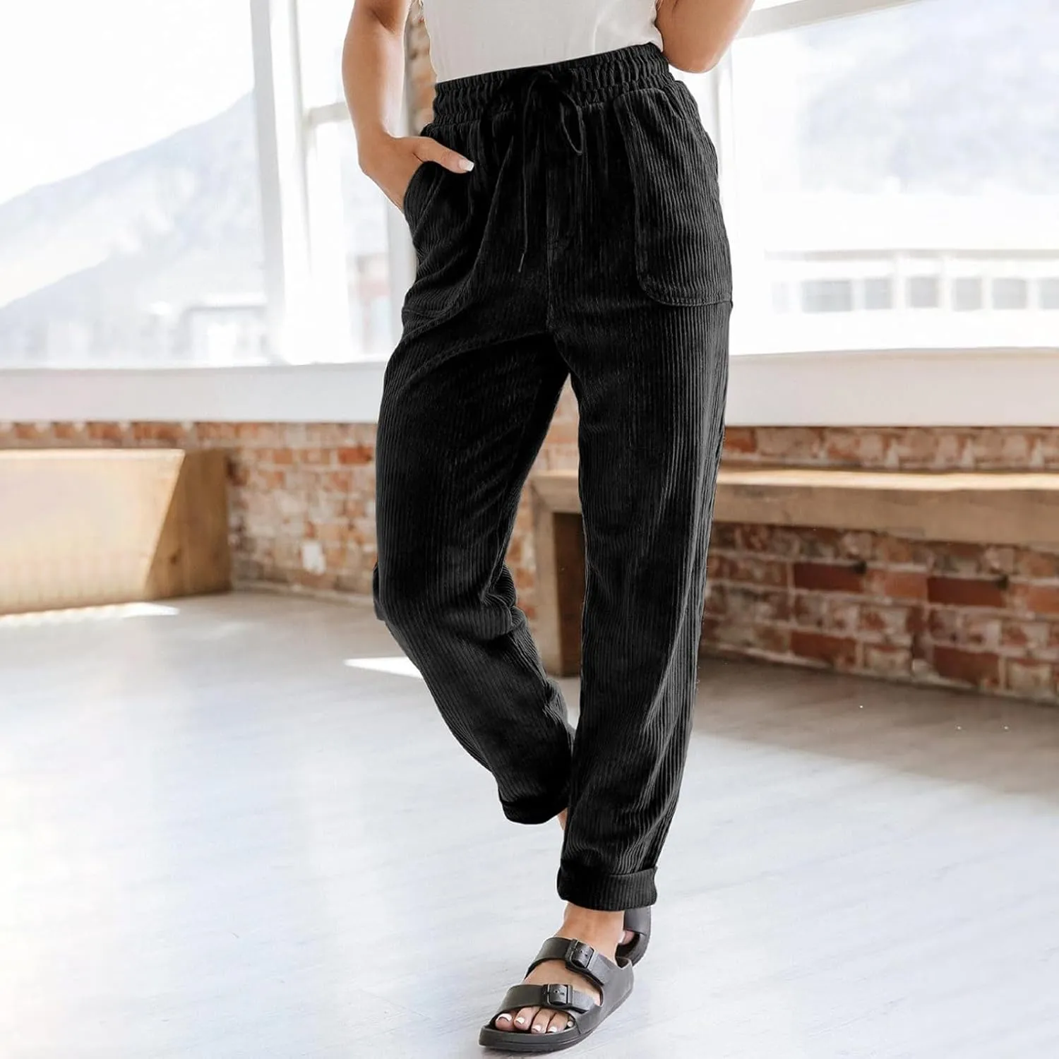 Womens Corduroy Pants Elastic High Waist Straight Leg Pants Casual Comfy Lightweight Cotton Baggy Trousers w/Pockets