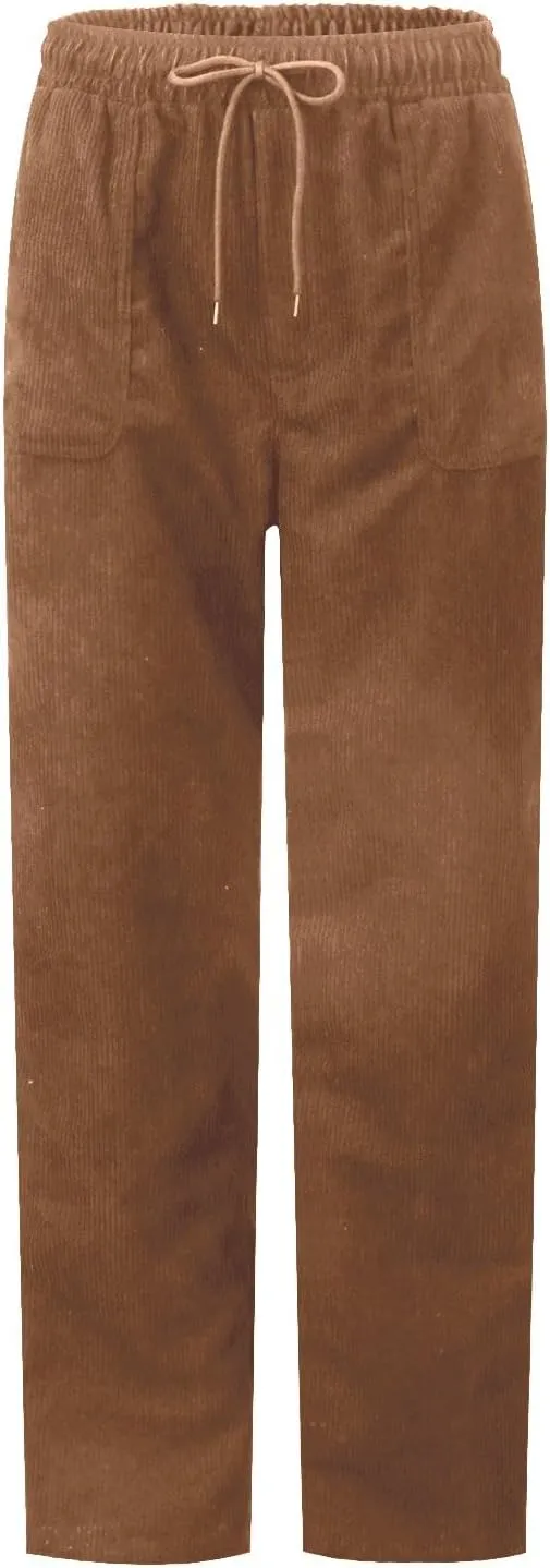 Womens Corduroy Pants Elastic High Waist Straight Leg Pants Casual Comfy Lightweight Cotton Baggy Trousers w/Pockets