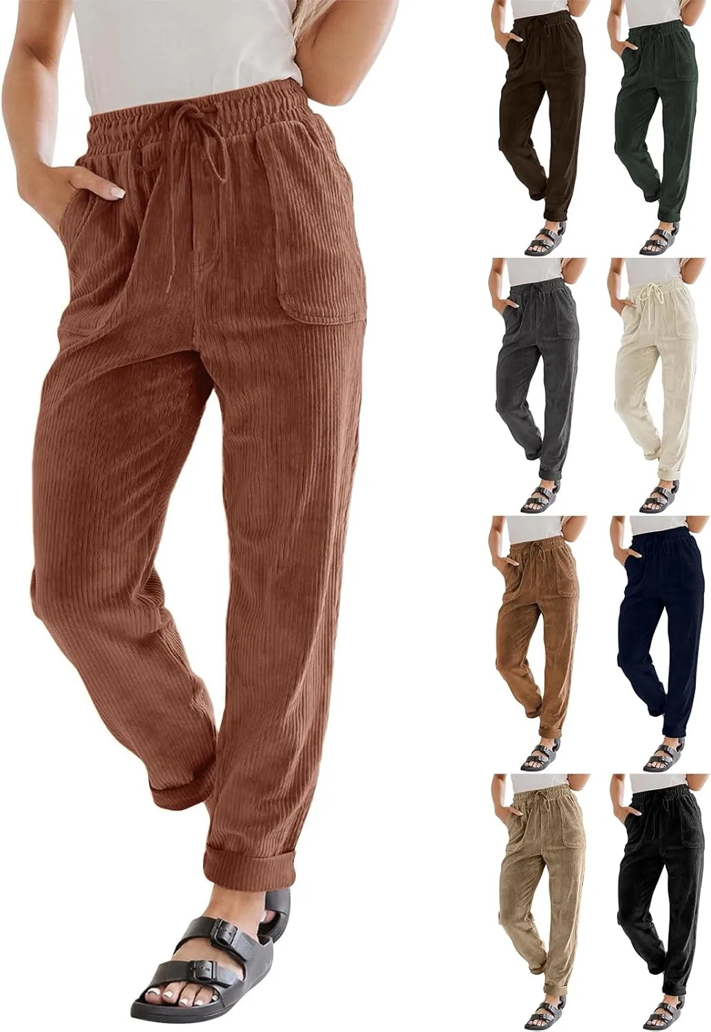 Womens Corduroy Pants Elastic High Waist Straight Leg Pants Casual Comfy Lightweight Cotton Baggy Trousers w/Pockets