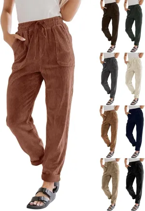 Womens Corduroy Pants Elastic High Waist Straight Leg Pants Casual Comfy Lightweight Cotton Baggy Trousers w/Pockets