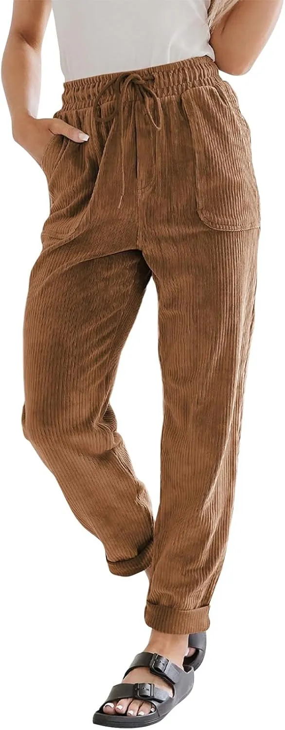 Womens Corduroy Pants Elastic High Waist Straight Leg Pants Casual Comfy Lightweight Cotton Baggy Trousers w/Pockets