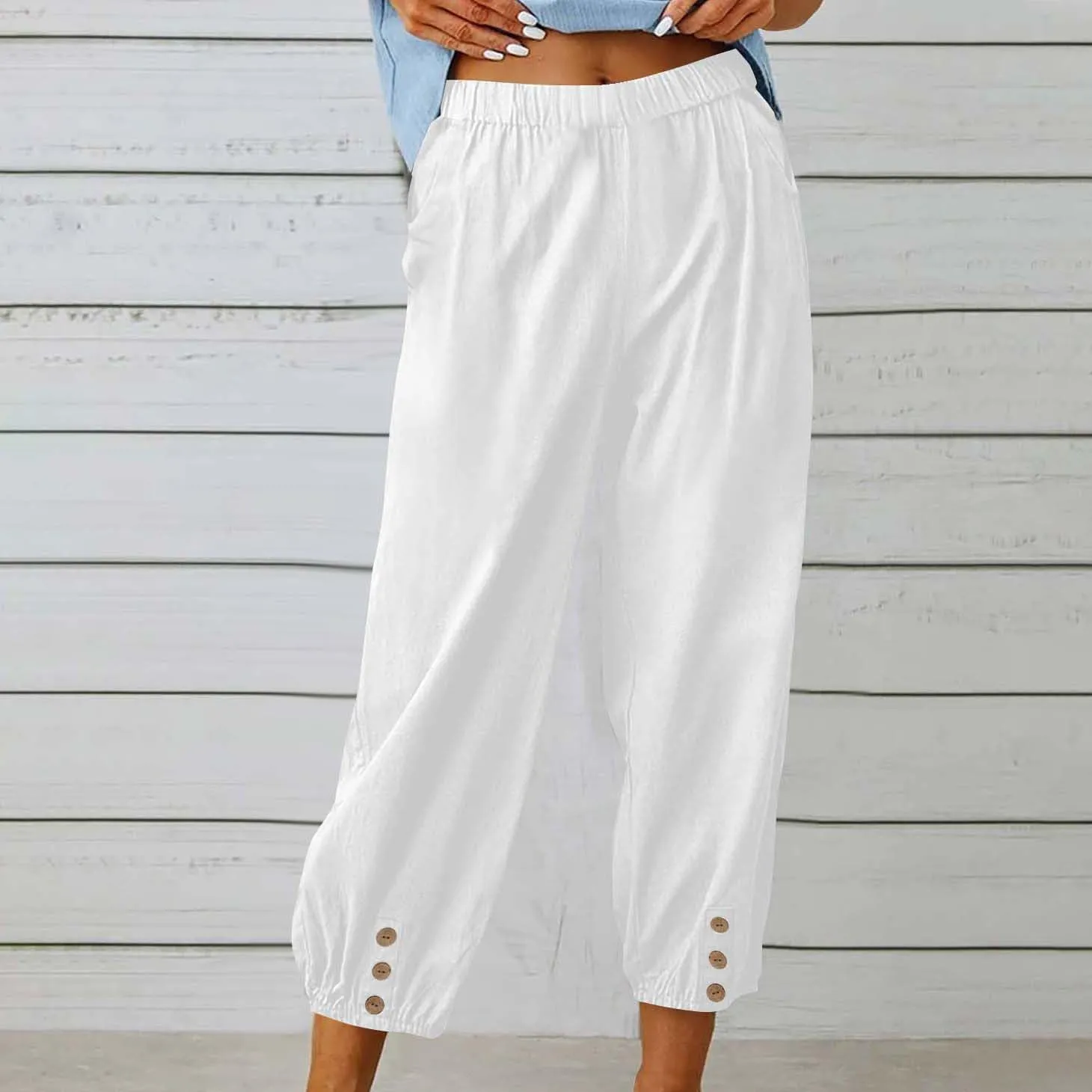 Women's Cotton Linen Capri Pants High Waist Cropped Drawstring Cinch Bottoms Summer Casual Pant Trouser with Pockets