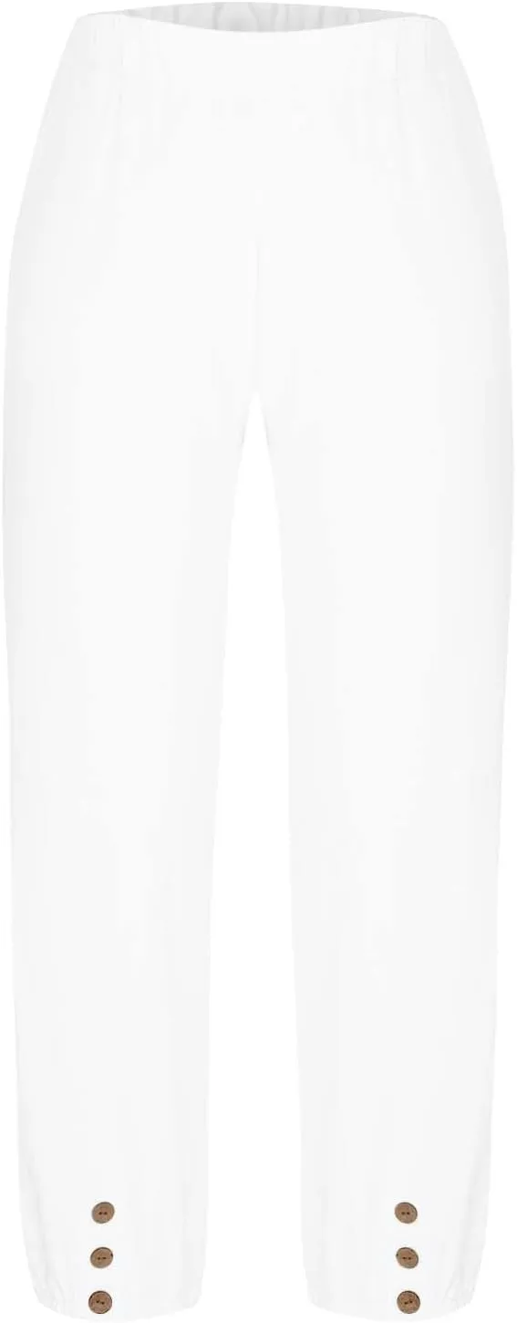 Women's Cotton Linen Capri Pants High Waist Cropped Drawstring Cinch Bottoms Summer Casual Pant Trouser with Pockets