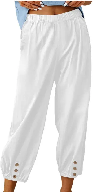 Women's Cotton Linen Capri Pants High Waist Cropped Drawstring Cinch Bottoms Summer Casual Pant Trouser with Pockets