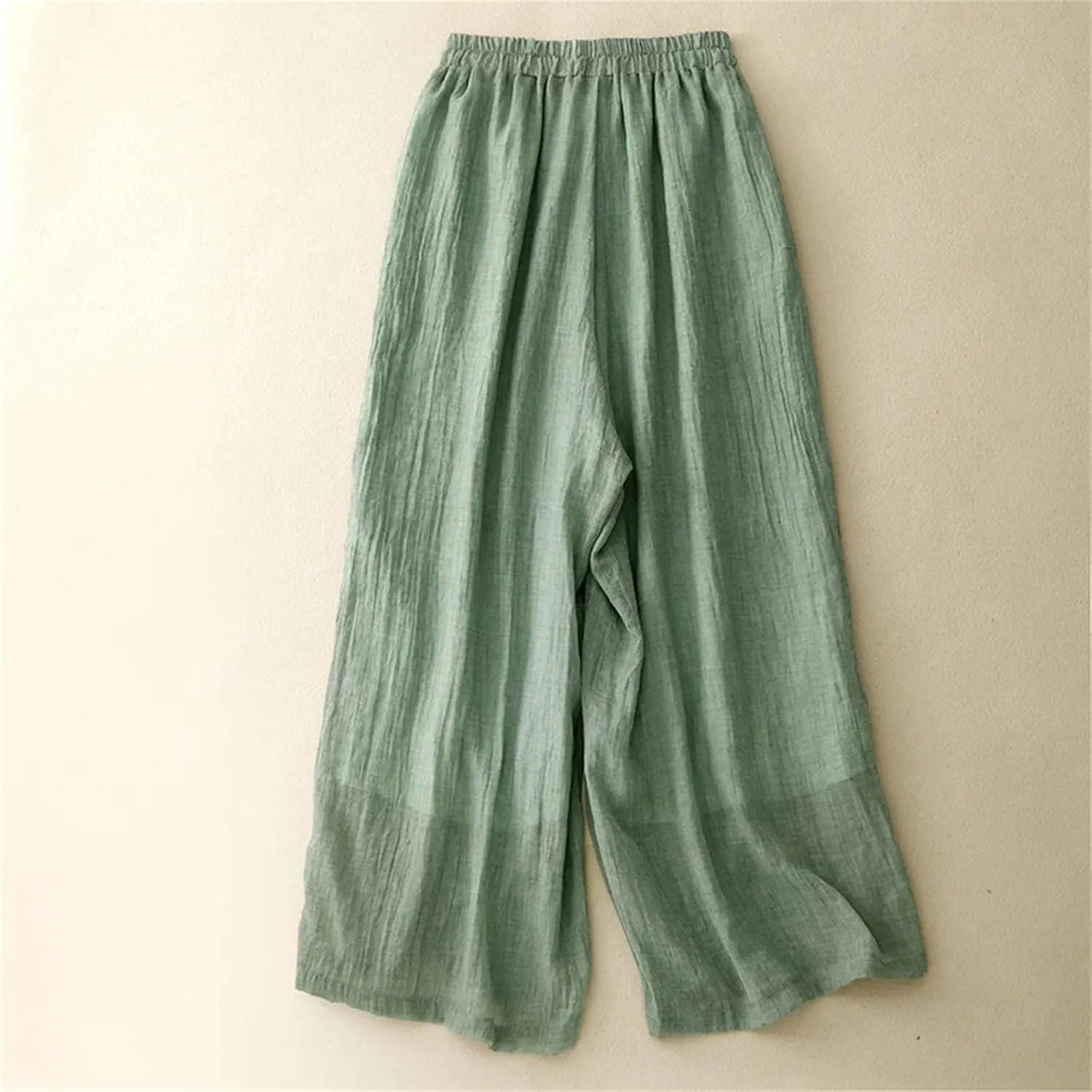 Women's Cotton Linen Double-Layer Wide-Leg Pants  High Waist Loose Fit Drawstring Waist Casual Summer Trousers
