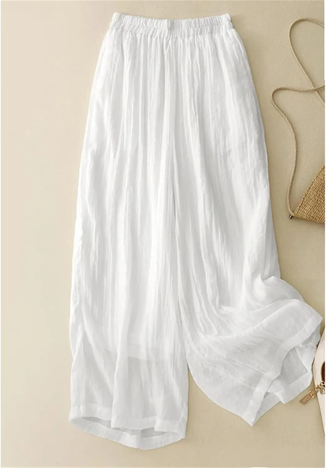 Women's Cotton Linen Double-Layer Wide-Leg Pants  High Waist Loose Fit Drawstring Waist Casual Summer Trousers