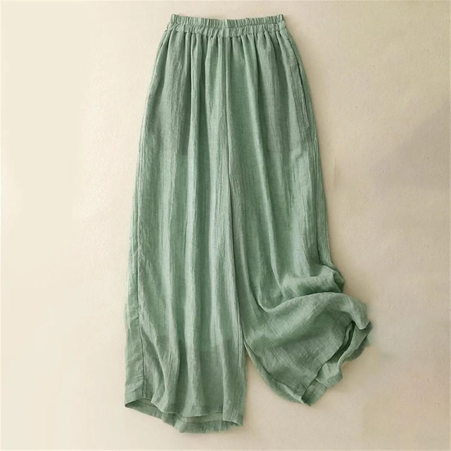 Women's Cotton Linen Double-Layer Wide-Leg Pants  High Waist Loose Fit Drawstring Waist Casual Summer Trousers