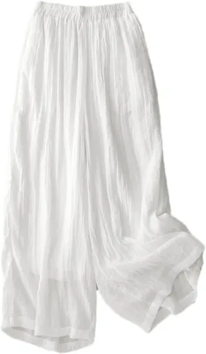 Women's Cotton Linen Double-Layer Wide-Leg Pants  High Waist Loose Fit Drawstring Waist Casual Summer Trousers