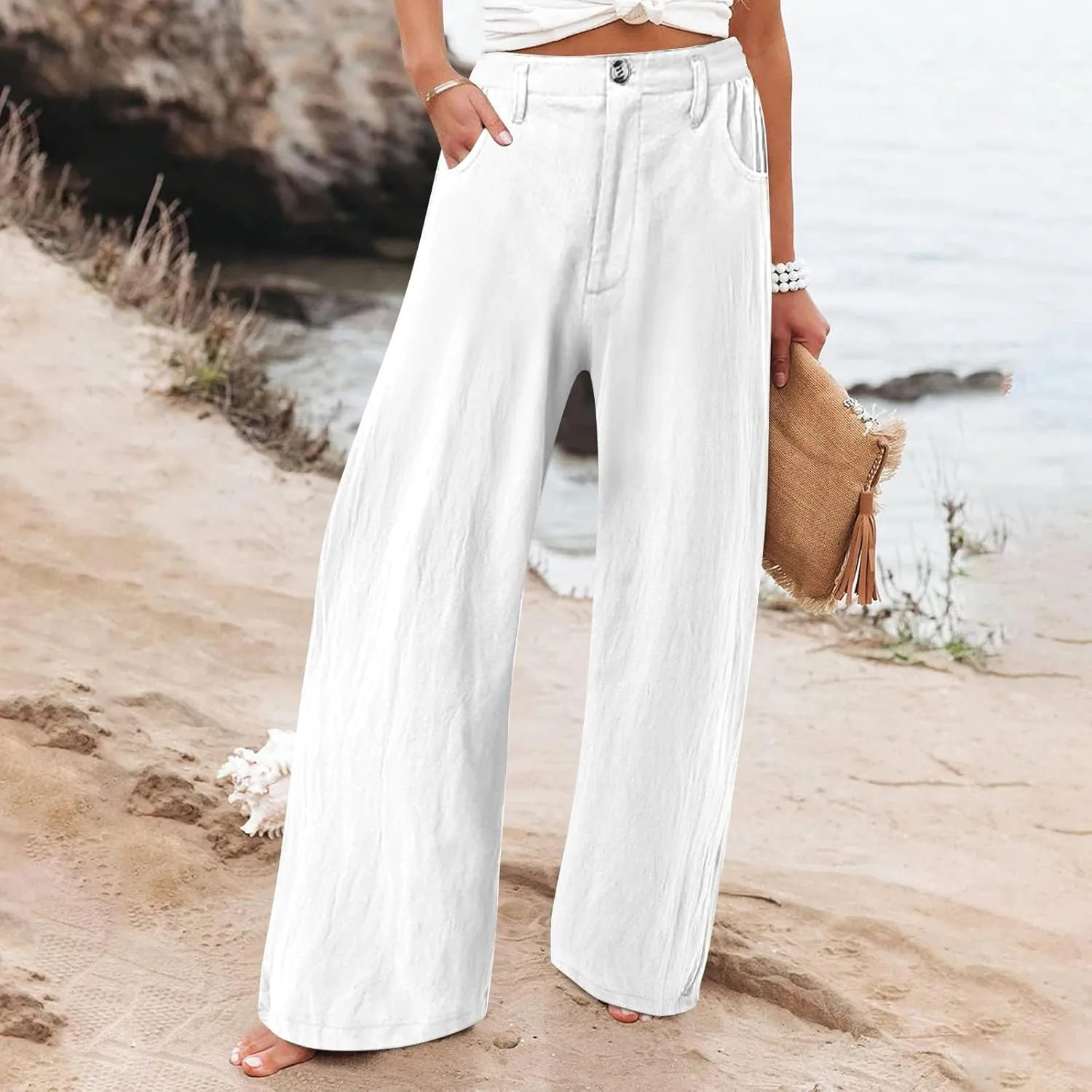 Women's Cotton Linen Palazzo Pants,High Waisted Wide Leg Lounge Trousers Summer Boho Beach Yoga Pants with Pockets