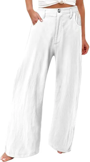 Women's Cotton Linen Palazzo Pants,High Waisted Wide Leg Lounge Trousers Summer Boho Beach Yoga Pants with Pockets