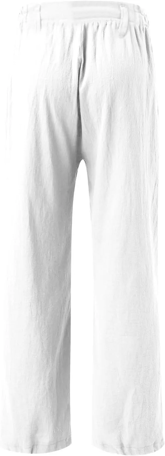 Women's Cotton Linen Palazzo Pants,High Waisted Wide Leg Lounge Trousers Summer Boho Beach Yoga Pants with Pockets