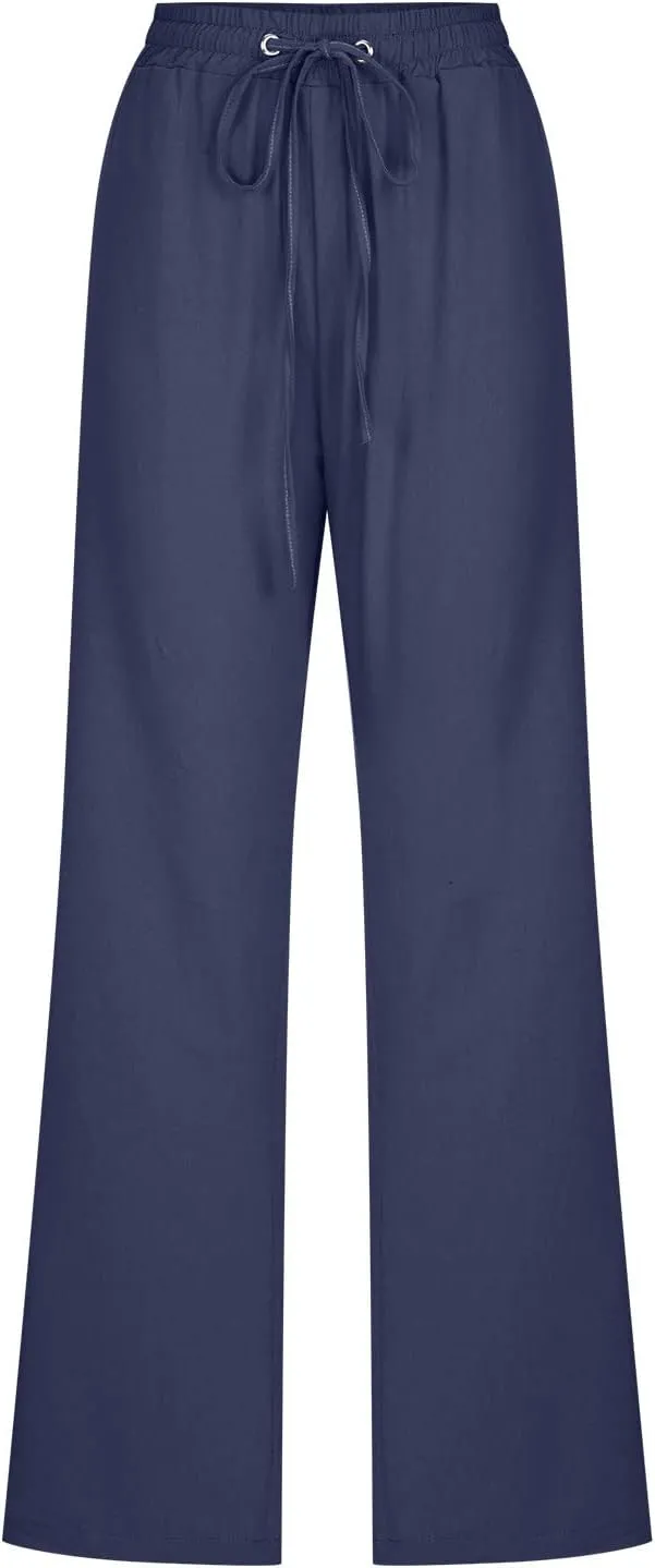 Women's Cotton Linen Pant Solid Color Wide Leg Trousers High Waist Drawstring Lounge Pants Loose Fit Slacks