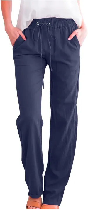 Women's Cotton Linen Pant Solid Color Wide Leg Trousers High Waist Drawstring Lounge Pants Loose Fit Slacks