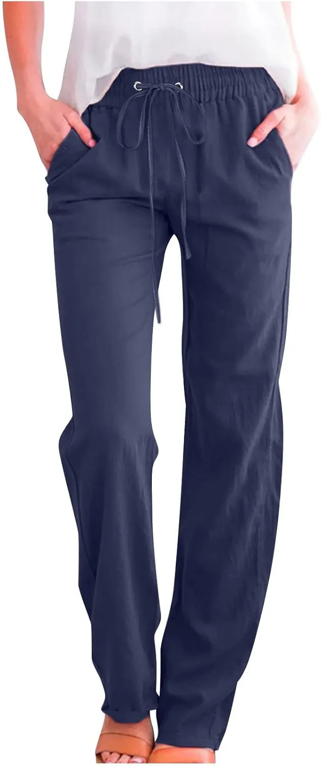 Women's Cotton Linen Pant Solid Color Wide Leg Trousers High Waist Drawstring Lounge Pants Loose Fit Slacks