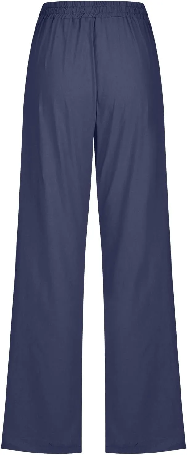 Women's Cotton Linen Pant Solid Color Wide Leg Trousers High Waist Drawstring Lounge Pants Loose Fit Slacks