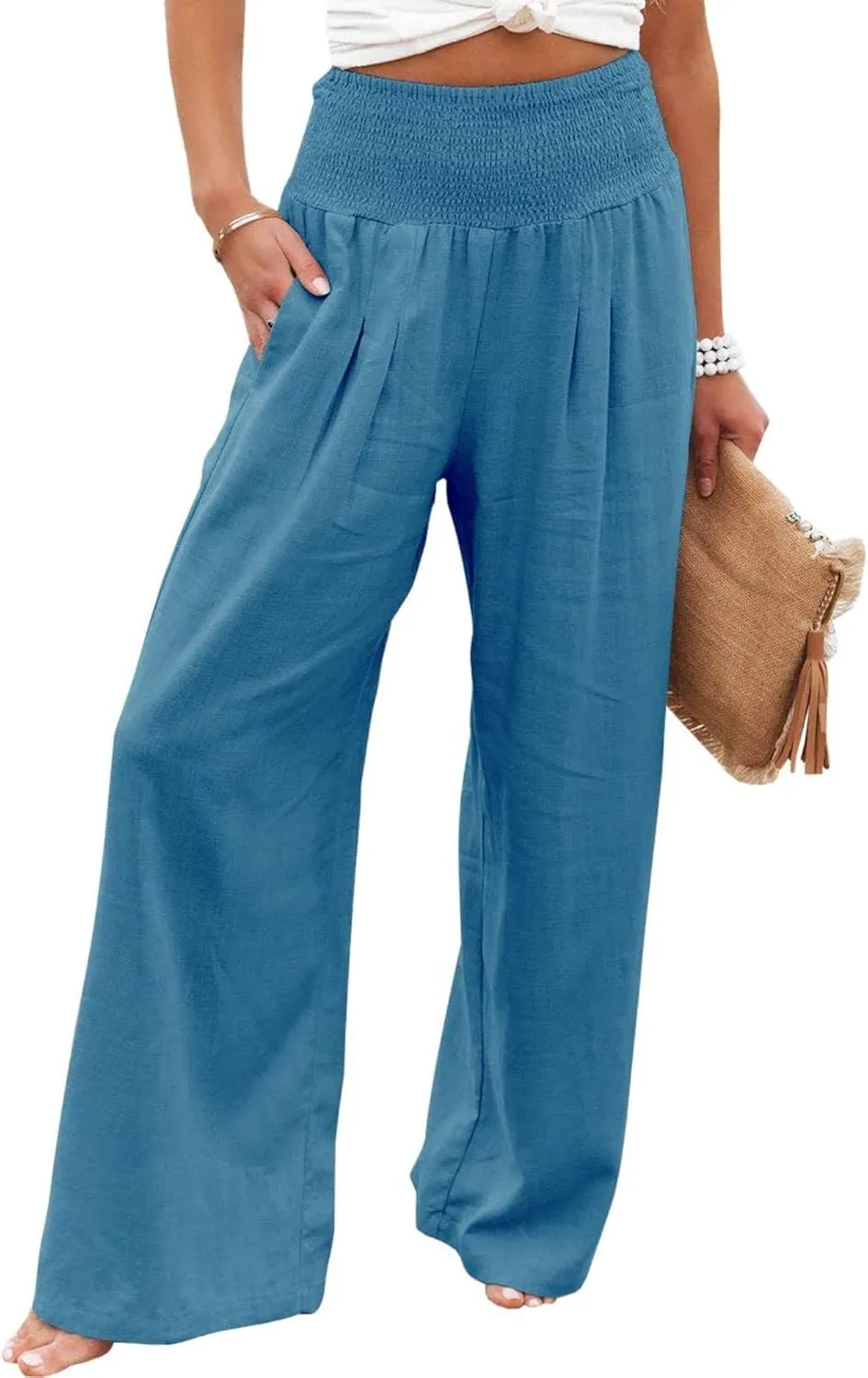 Women's Cotton Linen Pants Summer Casual Loose Trousers for Women High Waist Wide Leg Pants with Pockets Resort Wear