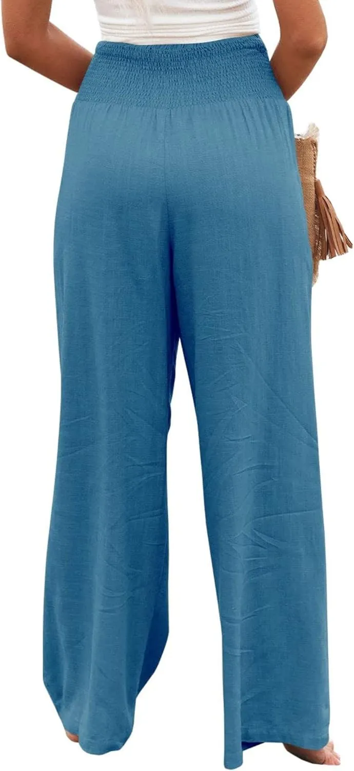 Women's Cotton Linen Pants Summer Casual Loose Trousers for Women High Waist Wide Leg Pants with Pockets Resort Wear