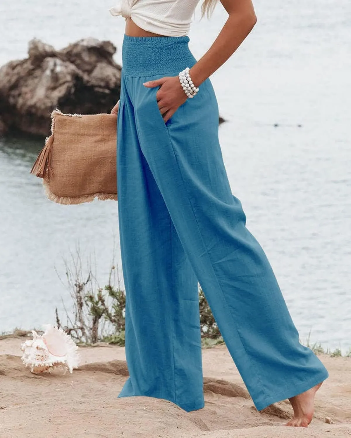 Women's Cotton Linen Pants Summer Casual Loose Trousers for Women High Waist Wide Leg Pants with Pockets Resort Wear