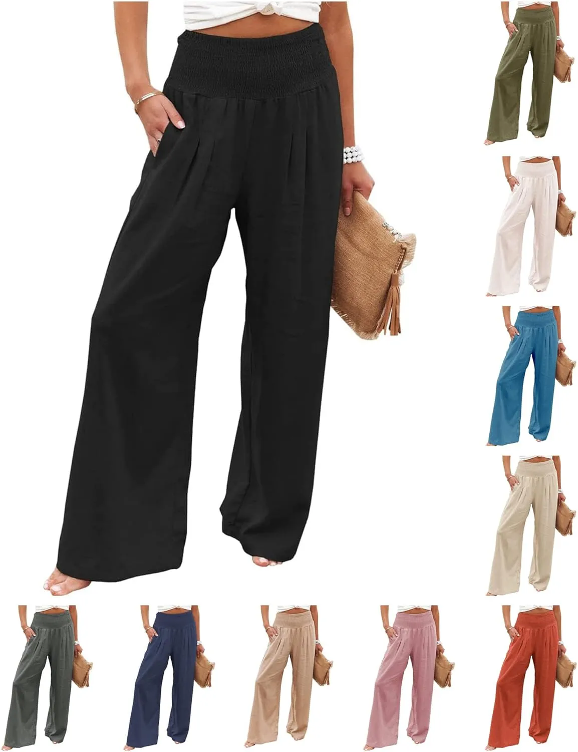 Women's Cotton Linen Pants Summer Casual Loose Trousers for Women High Waist Wide Leg Pants with Pockets Resort Wear