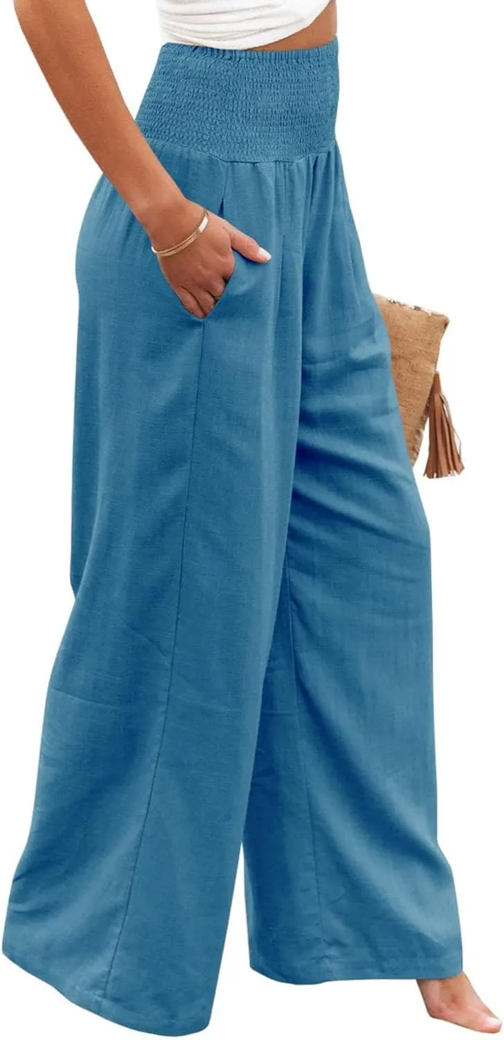Women's Cotton Linen Pants Summer Casual Loose Trousers for Women High Waist Wide Leg Pants with Pockets Resort Wear