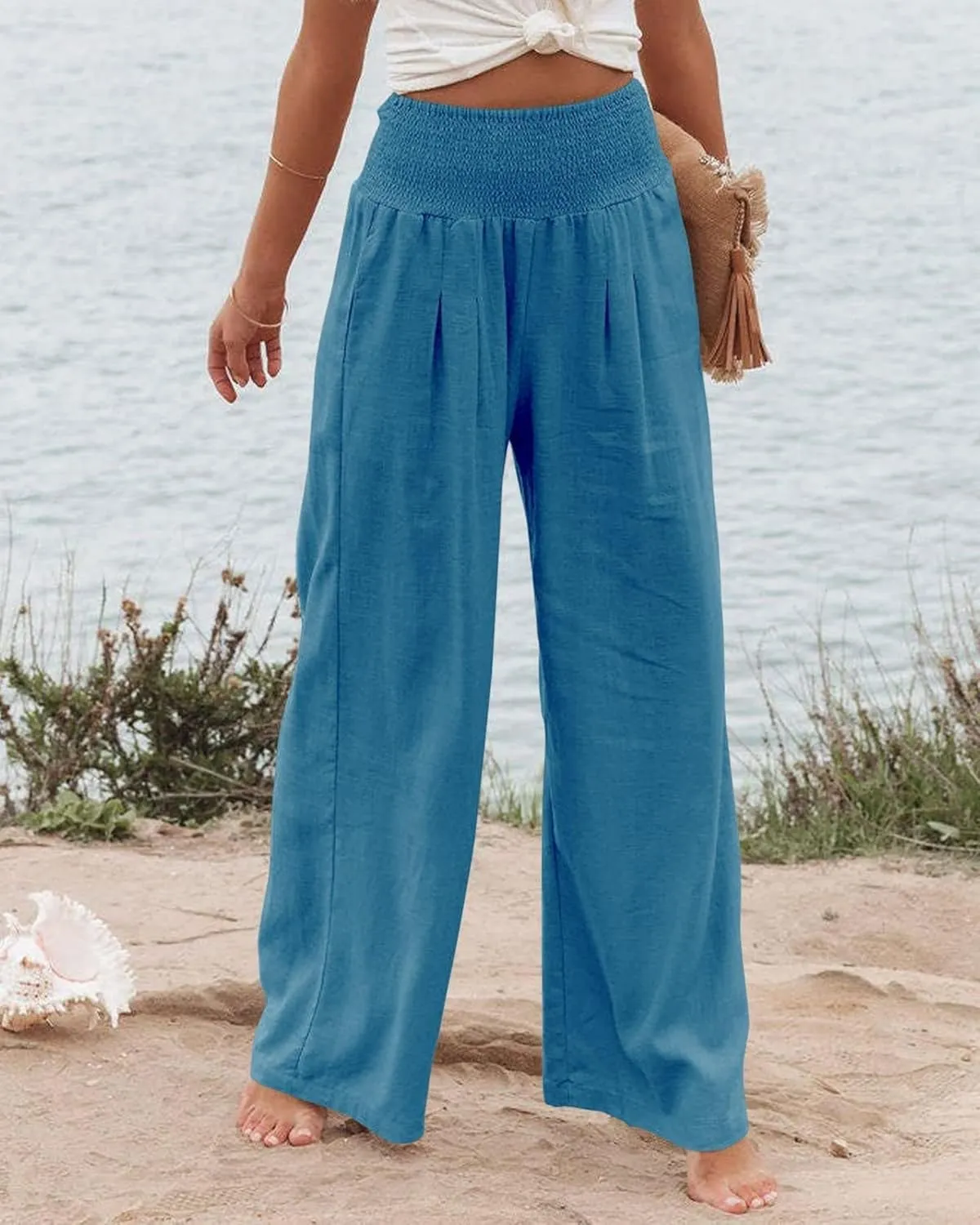 Women's Cotton Linen Pants Summer Casual Loose Trousers for Women High Waist Wide Leg Pants with Pockets Resort Wear