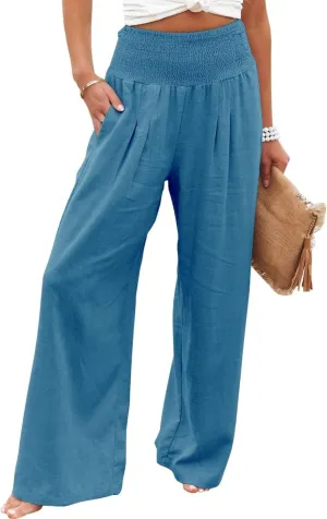 Women's Cotton Linen Pants Summer Casual Loose Trousers for Women High Waist Wide Leg Pants with Pockets Resort Wear